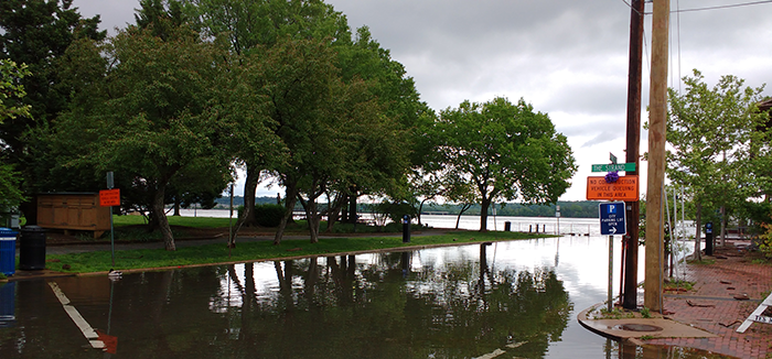 A flooded street in Alexandria, Virginia during the perigean spring tide in May, 2016.